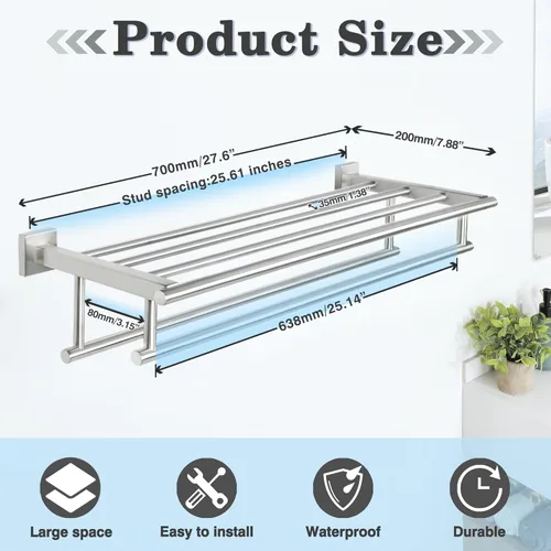 Miniatura 9 de Alise - Toallero, estante para toallas con dobles barras para toallas para baño, SUS 304 acero inoxidable, soporte de pared, 72 cm níquel cepillado