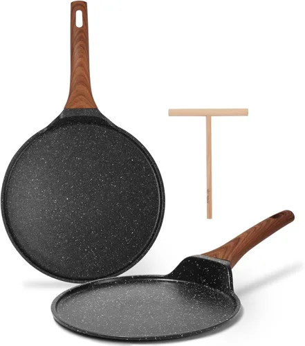 ESLITE LIFE - Juego de sartenes antiadherentes para crepas con esparcidor, de 9.5 y 11 pulgadas, con revestimiento de granito, sartén plana para