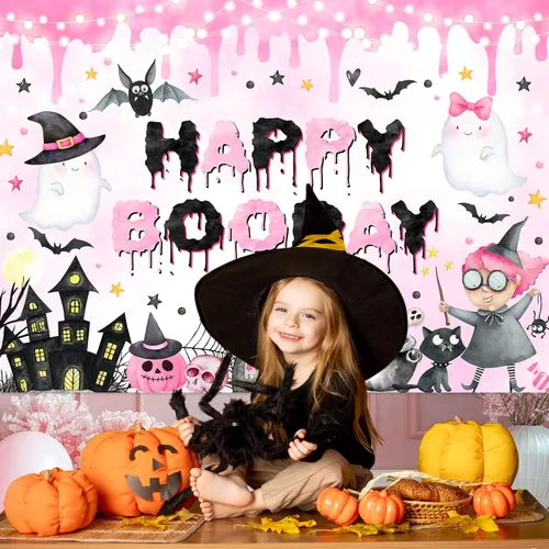 Miniatura 2 de Avezano Telón de fondo rosa de 7 x 5 pies, decoración de fiesta de cumpleaños de Halloween para niñas, suministros de pancartas de Halloween
