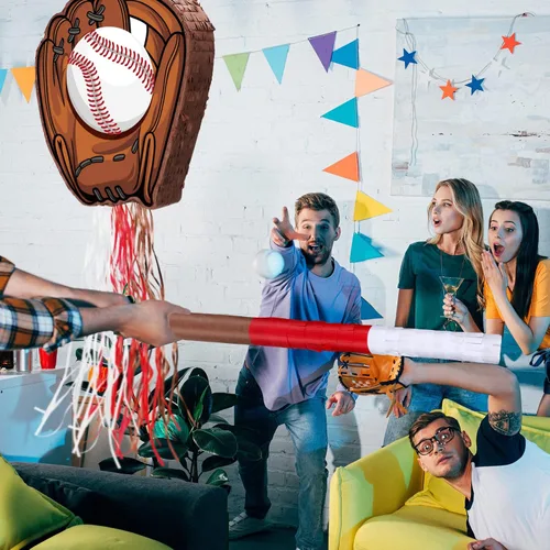 Miniatura 4 de Piñata de béisbol con bate con los ojos vendados para fiesta de cumpleaños, softbol, papel, piñata, pelotas deportivas, suministros de confeti