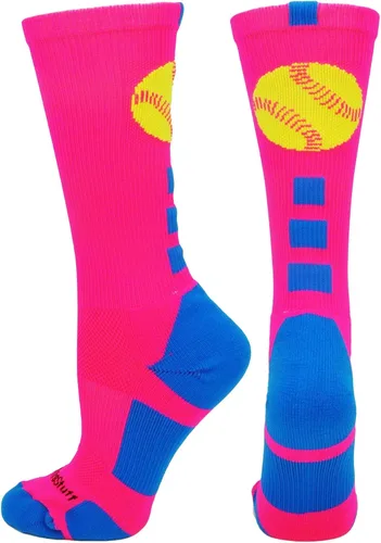 MadSportsStuff Calcetines deportivos con logotipo de sóftbol (rosa neónazul eléctrico, talla S)