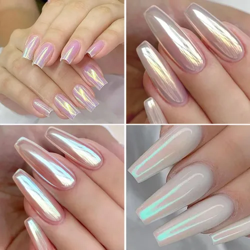 Miniatura 5 de 12 frascos de polvo de uñas cromado, perla blanca, holográfico, efecto degradado, polvo metálico aurora, polvo iridiscente perlado, polvo