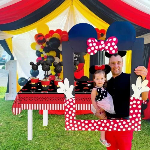 Miniatura 8 de 3 manteles de cumpleaños de ratón para fiestas de 51 x 87 pulgadas, manteles de plástico negro y rojo para niños y niñas, mantel rectangular