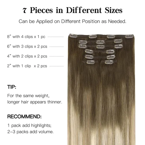 Miniatura 3 de HOTBANANA - Extensiones de cabello humano con pinzas, color castaño nogal ombré a castaño ceniza y rubio decolorado, 4.23 onzas, cabello humano