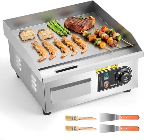 VEVOR Plancha eléctrica comercial, 13.98 x 11.81 pulgadas, 1750 W, control de temperatura ajustable de 122-570 °F, parrilla de acero inoxidable con