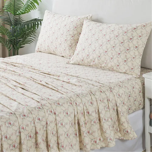 Miniatura 51 de FADFAY Juego de sábanas tamaño King, 100% algodón, elegante ropa de cama de granja con hojas verdes menta y flores blancas, sábana suave