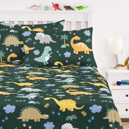 Wake In Cloud - Sábanas de dinosaurio para niños, 100% algodón, juego de sábanas de 4 piezas para niños, ropa de cama estampada con patrón de hojas