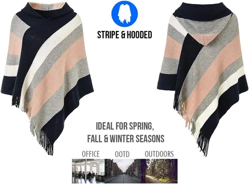 Miniatura 3 de Ferand - Suéter tipo poncho a rayas para mujer, estilo casual, chal con flecos versátiles