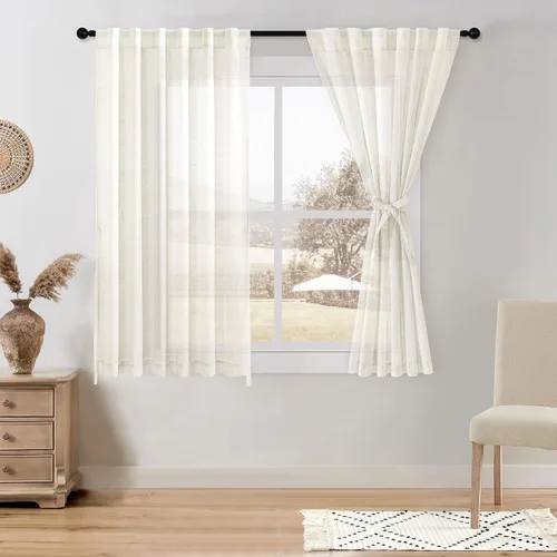 Miniatura 15 de DWCN Cortinas traslúcidas de lino floral, bolsillo para barra y pestaña trasera, cortina de mezcla de lino para dormitorio, sala de estar, cortinas