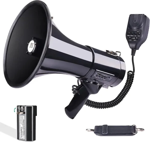 Altavoz Megáfono Bullhorn Profesional Bluetooth de 50 Vatios con Batería Recargable y Correa Portátil - Sirena y Grabación - Entrada USB/SD/AUX -