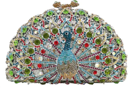 Boutique De FGG Bolsos de mano con diamantes de imitación de pavo real para mujer, bolsos de noche para bodas, fiestas, bolsa de mano de cristal,