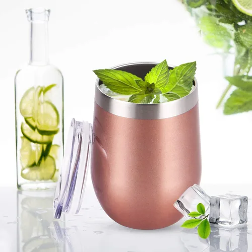 Miniatura 4 de Paquete de 12 vasos de vino de acero inoxidable, 12 onzas, doble pared, aislados al vacío, con tapas y pajitas, copas de vino sin tallo de acero Oro