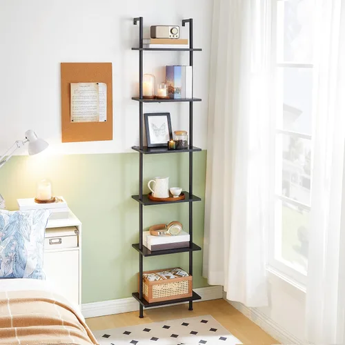Miniatura 9 de HOOBRO Estantería de escalera DIY, estantería de 6 niveles de madera montada en la pared, estantería estrecha, estante de exhibición, estante