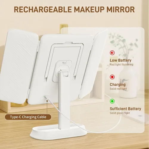 Miniatura 7 de FRANO Espejo de maquillaje plegable de tres pliegues con luces, espejo recargable con aumento de 2X/3X/10X, espejo de tocador portátil