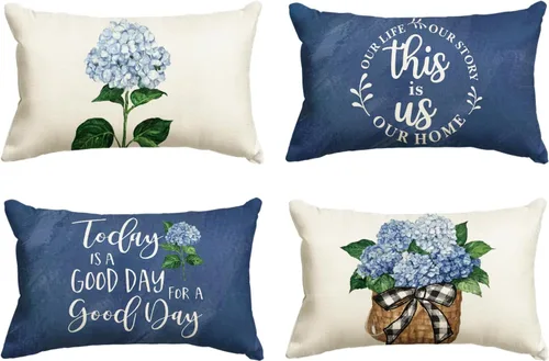 Miniatura 9 de AVOIN colorlife Juego de 4 fundas de almohada de hortensias azules para primavera y verano, 16 x 16 pulgadas, diseño de «Today is A Good Day»