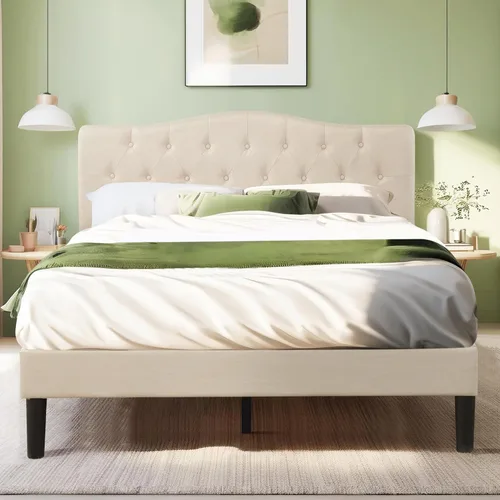 Miniatura 11 de VECELO Base de cama de plataforma de tamaño individual con cabecera tapizada de tela y soporte de listones de madera, no necesita somier/fácil Beige