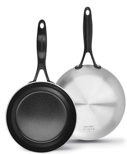 Miniatura 10 de GreenPan Venice Pro Noir - Juego de ollas y sartenes de cerámica saludable de acero inoxidable de tres capas, antiadherentes, mango negro mate, sin