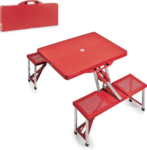 Picnic TIME Mesa de picnic plegable portátil con asientos para 4, mesa de aluminio plegable con bancos y agujero para paraguas, mesa plegable ligera