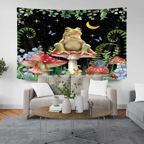 Miniatura 4 de JAWO Tapiz bohemio de hongos de rana, estrellas de luna para colgar en la pared, divertida decoración de casa de campo para dormitorio, sala