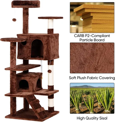 Miniatura 8 de ZENY - Árbol para gatos 53‘‘ , con postes de sisal y 2 habitaciones de peluche, muebles para gatos Marrón