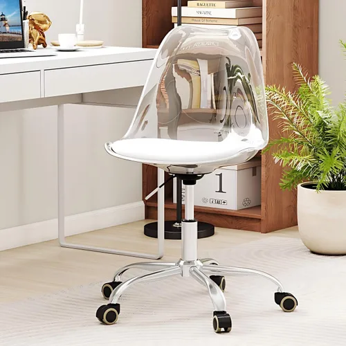 Miniatura 12 de Giantex Juego de 2 sillas de escritorio de acrílico transparente, modernas sillas de oficina en casa con cojín y ruedas de piel sintética, silla