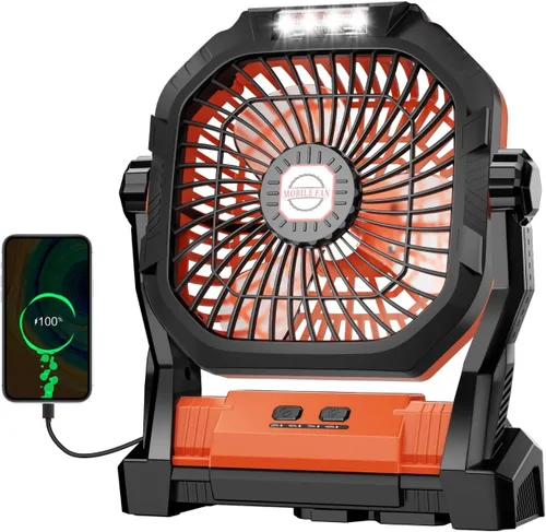 Miniatura 8 de Ventilador de camping recargable, ventilador portátil con batería de 20000 mAh con luz LED y gancho, 4 velocidades ajustables a 270°, esenciales