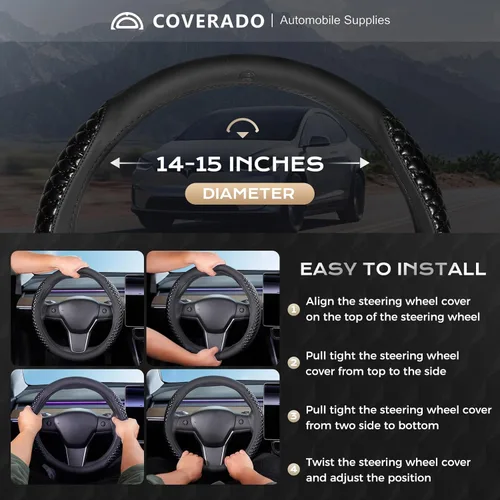 Miniatura 5 de Coverado Funda para volante de automóvil, fundas para volante de cuero napa negro, universal de 14-15 pulgadas, antideslizante, protector de volante