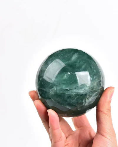 Miniatura 2 de JIC Gem Gran esfera de cristal de cuarzo verde con fluorita verde, gema curativa esférica para meditación, con soporte decorativo de madera