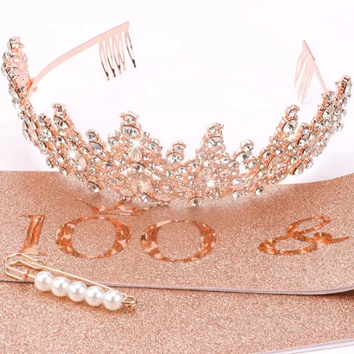 Miniatura 2 de TOBATOBA Decoraciones de cumpleaños número 100: banda y tiara de oro rosa para mujer, fabulosos suministros de fiesta
