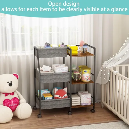 Miniatura 7 de Carrito organizador de pañales para bebé, carrito de ruedas rodantes de 3 niveles con separadores y estantes, carrito de utilidad de cabecera