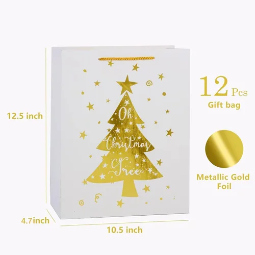 Miniatura 5 de UNIQOOO 12 bolsas de regalo grandes de papel de aluminio dorado blanco y metálico, 4 diseños surtidos de copos de nieve de árbol de Navidad