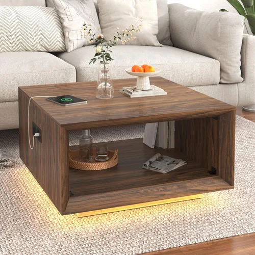 Mesa de centro moderna de mediados de siglo de 32 pulgadas para sala de estar, mesa central cuadrada con luz LED y toma de corriente, mesa de cóctel