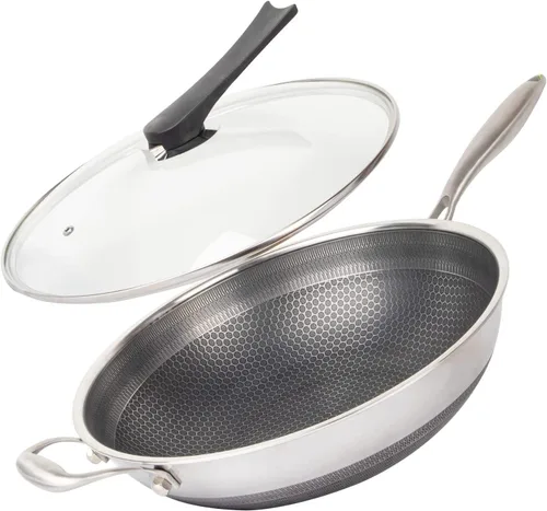 Wok de acero inoxidable 316L de 13 pulgadas con tapa, sartén antiadherente con mango que se mantiene fresco, libre de PFOA, adecuado para cocinas de