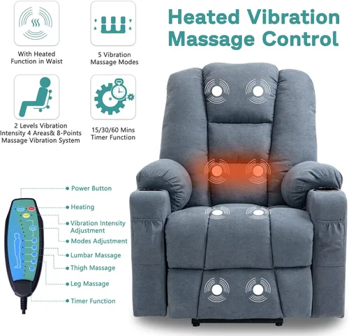 Miniatura 2 de MEETWARM Silla reclinable eléctrica para personas mayores con calefacción por vibración, masaje de tela suave, con 2 controles remotos, puertos USB