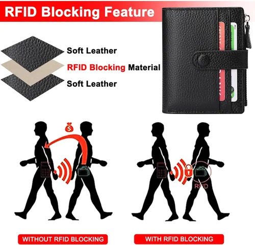Miniatura 5 de FALAN MULE - Carteras pequeñas para mujer con bloqueo RFID, piel auténtica, cartera plegable delgada con cremallera y monedero para monedas