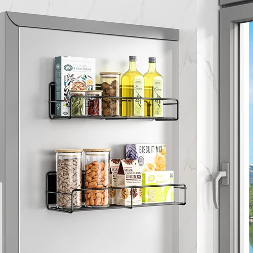 Mystozer Paquete de 2 organizadores magnéticos para especias, ahorro de espacio para refrigerador y horno microondas, estante magnético para Negro