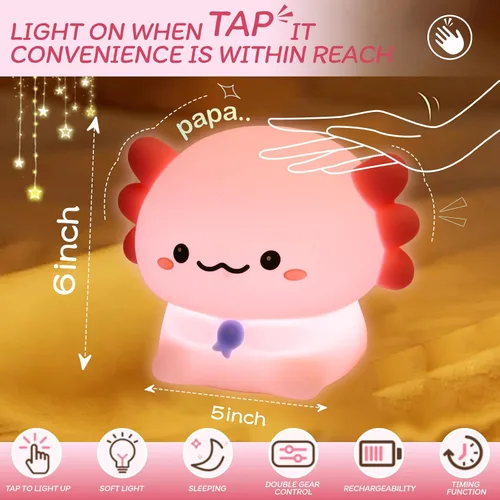 Miniatura 4 de Axolotl - Luz nocturna para niños – Regulador de intensidad de 3 niveles y temporizador de apagado automático, lámpara de silicona segura