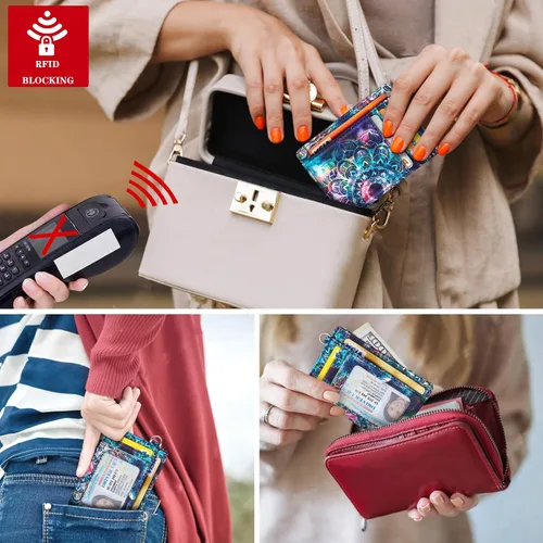 Miniatura 6 de Cartera delgada con bolsillo frontal RFID para tarjetas de identificación, bonita cartera pequeña con llavero para mujer