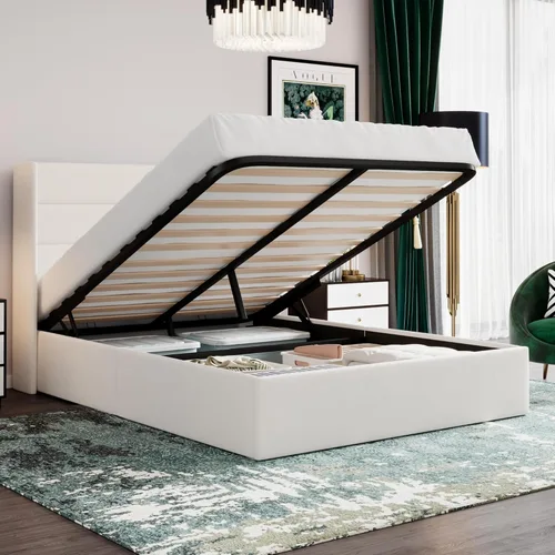 Miniatura 22 de SHA CERLIN - Cama de tamaño completo con almacenamiento elevado/Cabecero abatible moderno/Base de cama tapizada con plataforma/Almacenamiento Beige