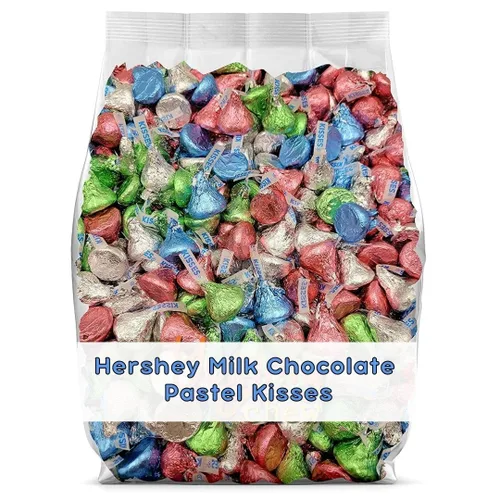 Besos de Pascua, chocolate con leche, (2 libras), a granel, envueltos en una hermosa lámina azul pastel, rosa, verde y plateada