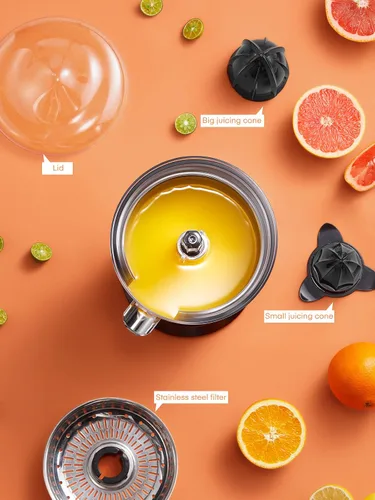 Miniatura 7 de FOHERE Exprimidor de Jugo de Naranja Exprimidor Eléctrico de Cítricos con Dos Conos Intercambiables Adecuado para Naranja, Limón y Pomelo, Acero