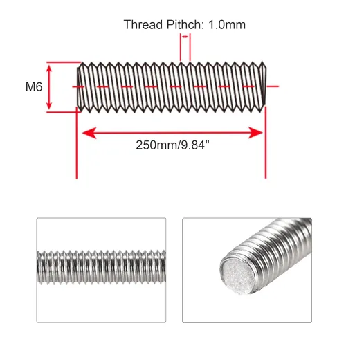 Miniatura 2 de Varilla y pernos totalmente roscados M6 x 9.843 in, varillas de rosca derecha de acero inoxidable 304, paso de rosca M6-1 para pernos de anclaje