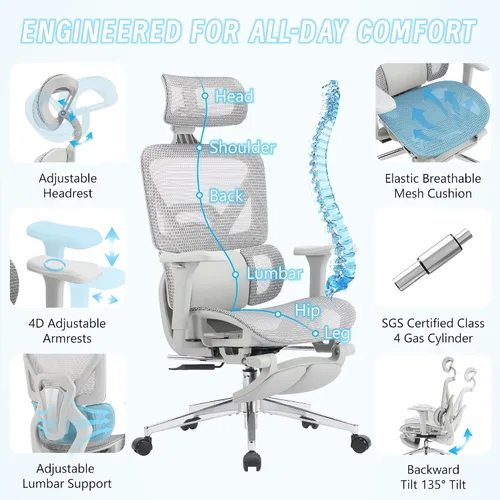 Miniatura 10 de Silla de oficina ergonómica con reposapiés, silla de computadora de malla de respaldo alto con soporte lumbar, altura del respaldo de 5 niveles