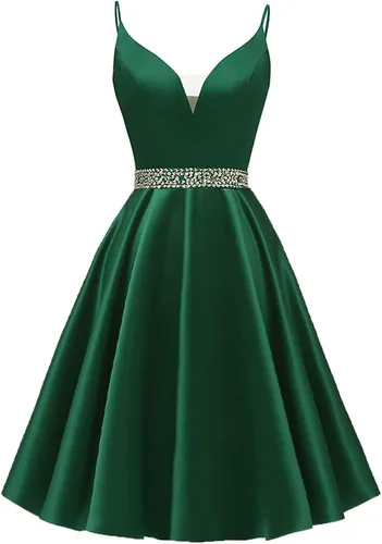 Yexinbridal Vestido corto de satén con tirantes delgados, cuello en V, con cuentas, para fiesta de noche