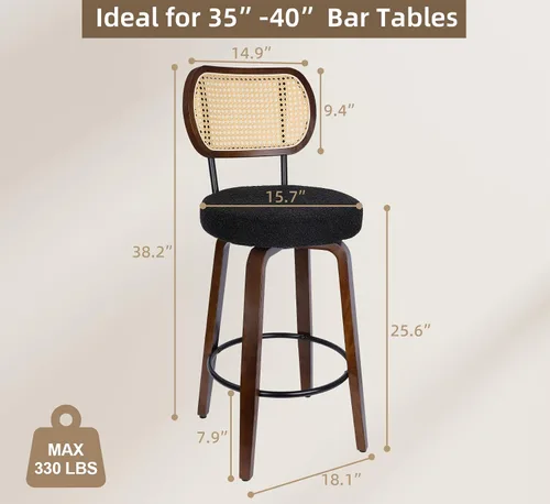 Miniatura 3 de Juego de 2 taburetes de bar de ratán, taburetes de bar giratorios de altura de mostrador con respaldo, sillas de cocina tapizadas de granja con Negro