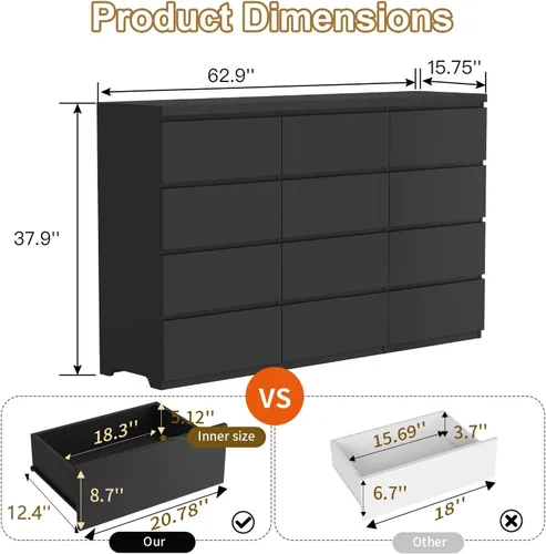 Miniatura 2 de Cómoda negra de 12 cajones para dormitorio, cómoda moderna con cajones profundos de 63 pulgadas, cómoda de almacenamiento ancha y larga, muebles