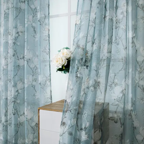 Miniatura 2 de Tollpiz - Cortinas cortas florales azules transparentes, con diseño de flores y enredaderas bordadas, cortinas de media cocina para café