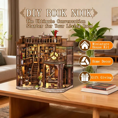 Miniatura 2 de OZJAY Kit de rincón de libros, rompecabezas de madera 3D para adultos, decoración de casa pequeña, kits de manualidades para familiares amigos