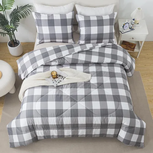 Miniatura 11 de Caressma Juego de edredón a cuadros tamaño individual, juego de ropa de cama de edredón a cuadros negros y blancos para todas las estaciones