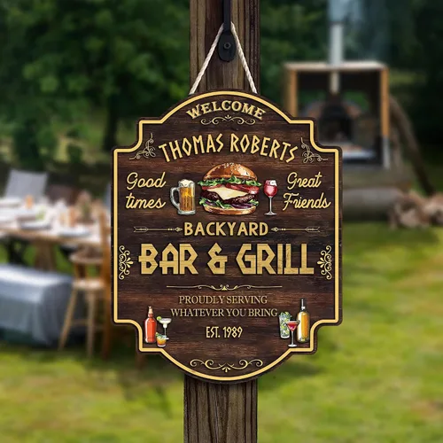 Miniatura 5 de Artsy Woodsy Letrero personalizado para bar y parrilla en el patio trasero (no tallado o neón), decoración de placa artística de pared, accesorios